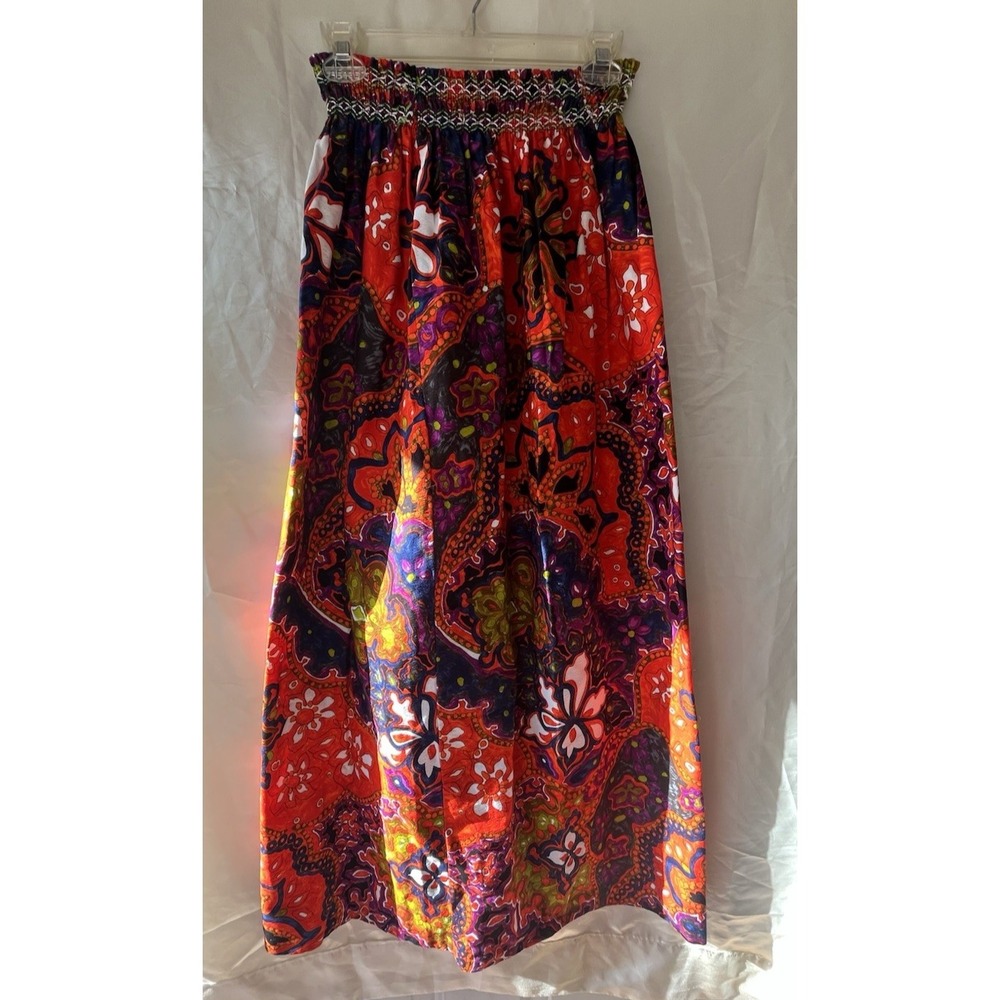 Vintage Hawaiian Maxi Skirt Orange Psychedelic Floral Boho Hippie M L